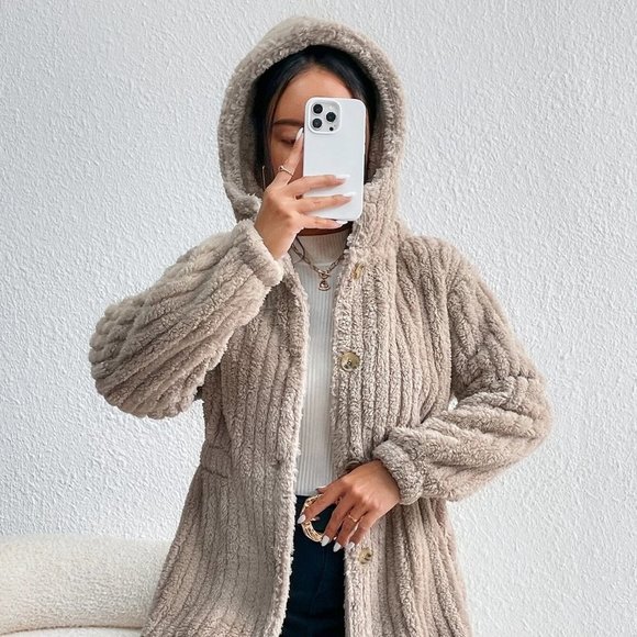 Khaki Casual Womens Button Front Hooded Teddy Coat - Picture 4 of 5